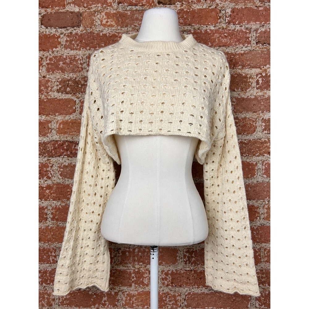 Y2K Cream Wool Blend Knit Crop Bolero Sweater OS Coquette Fall Layering Bell Sl.
